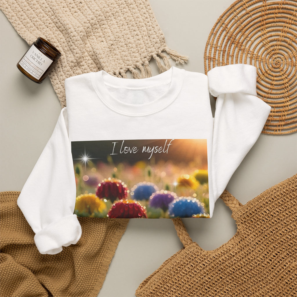 Self-Love Floral Crewneck Sweatshirt — "I love myself" Rainbow Flowers