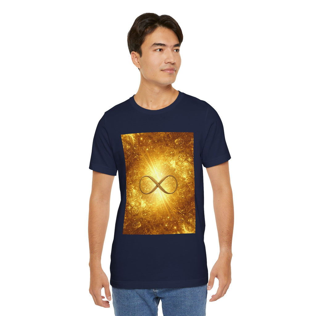 Infinity Symbol Cosmic Tee — Golden Spiritual Graphic T-Shirt