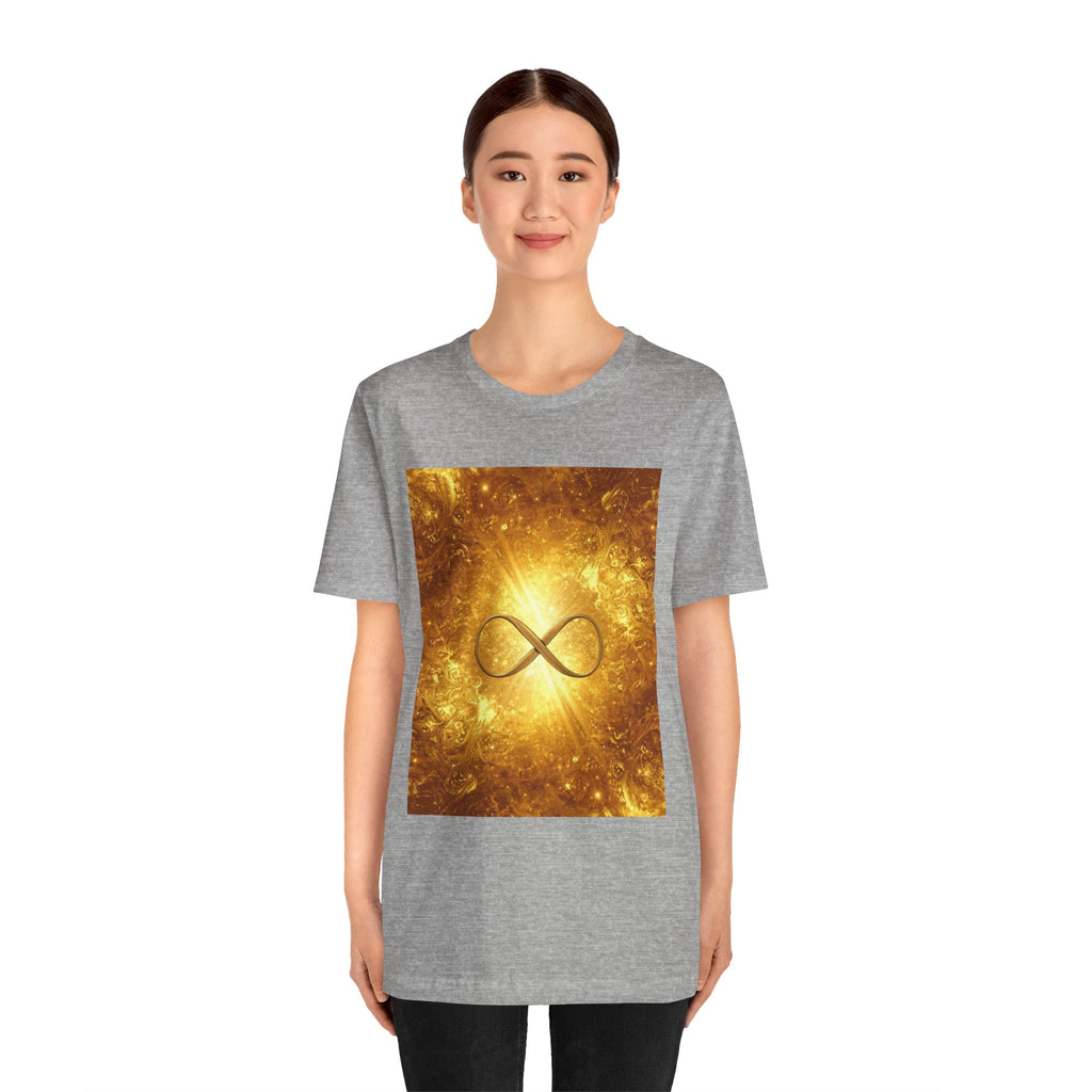 Infinity Symbol Cosmic Tee — Golden Spiritual Graphic T-Shirt