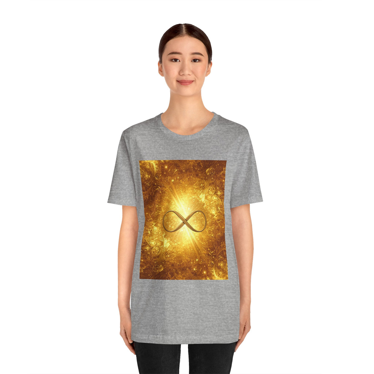 Infinity Symbol Cosmic Tee — Golden Spiritual Graphic T-Shirt