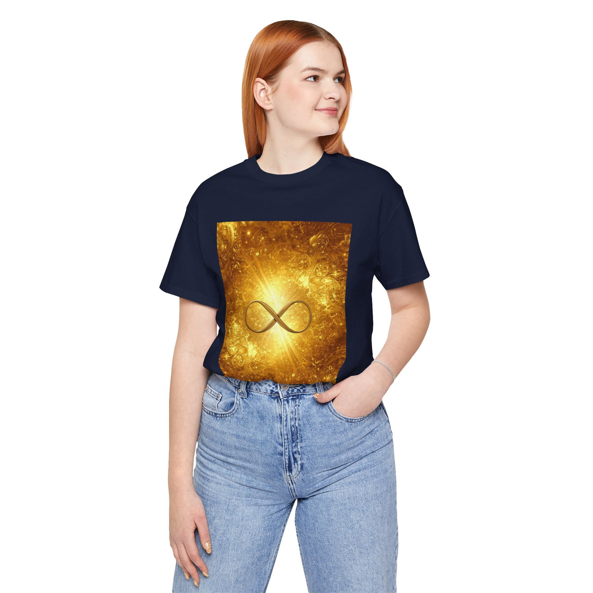 Infinity Symbol Cosmic Tee — Golden Spiritual Graphic T-Shirt