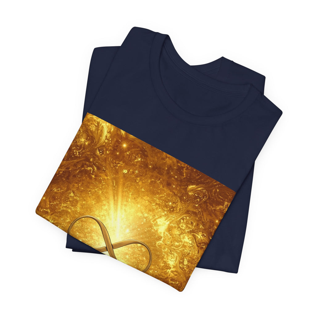 Infinity Symbol Cosmic Tee — Golden Spiritual Graphic T-Shirt