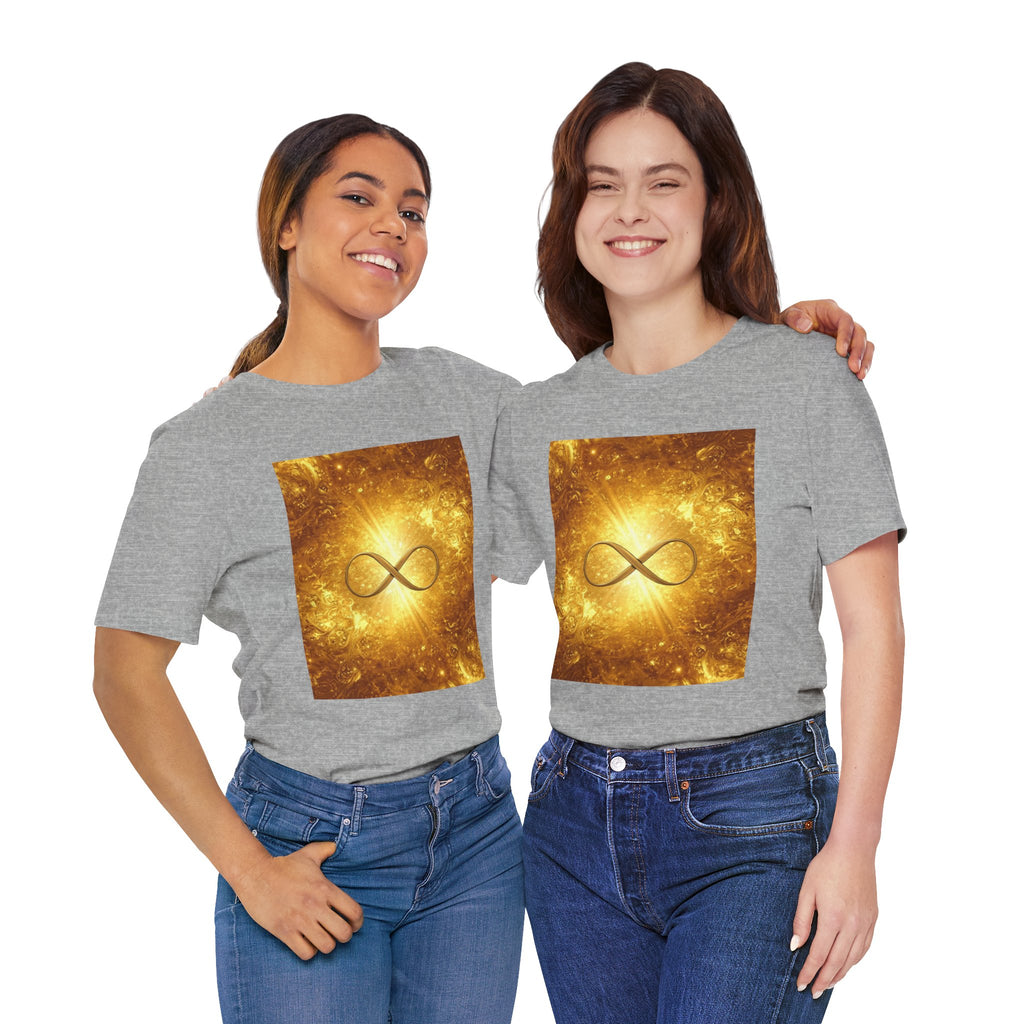 Infinity Symbol Cosmic Tee — Golden Spiritual Graphic T-Shirt