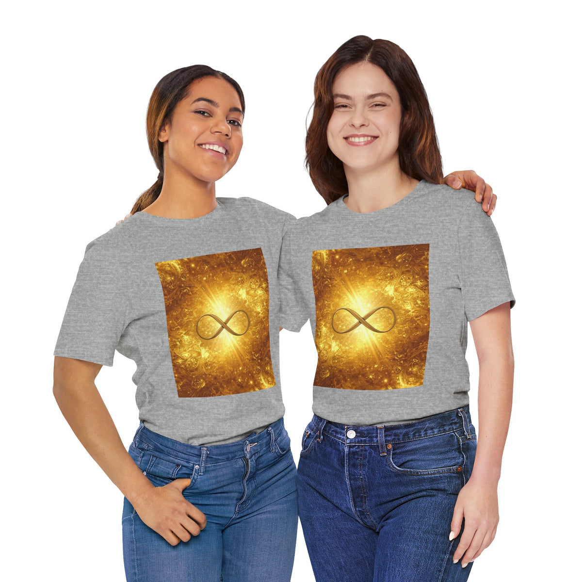 Infinity Symbol Cosmic Tee — Golden Spiritual Graphic T-Shirt