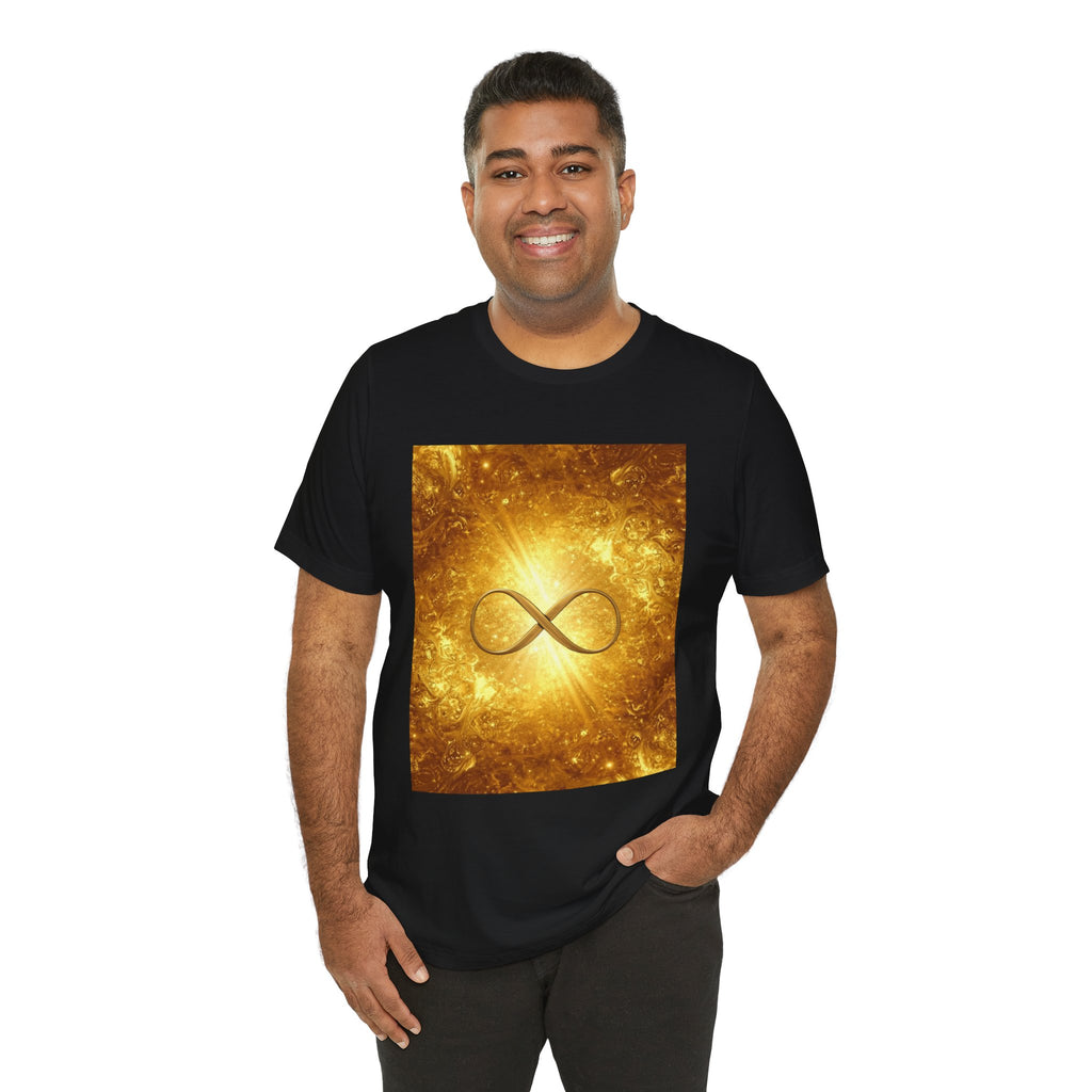 Infinity Symbol Cosmic Tee — Golden Spiritual Graphic T-Shirt
