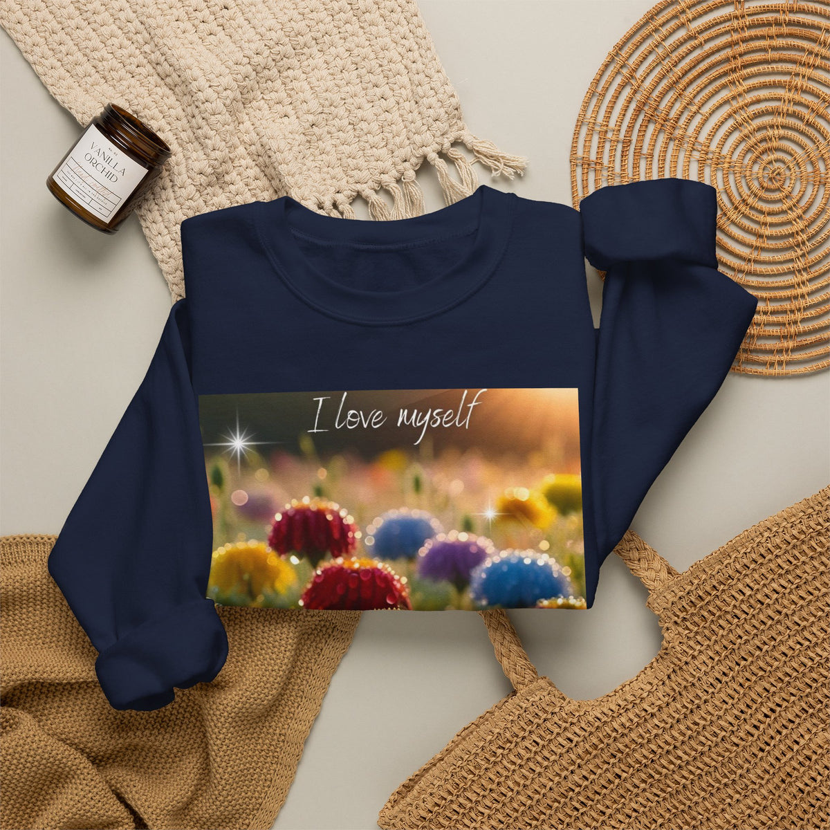 Self-Love Floral Crewneck Sweatshirt — "I love myself" Rainbow Flowers
