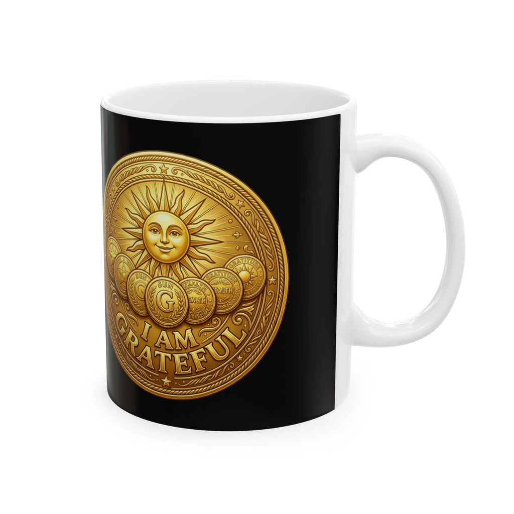 Gold Coin Ceramic Mug – Gratitude Sun Emblem Coffee Cup (11oz & 15oz)