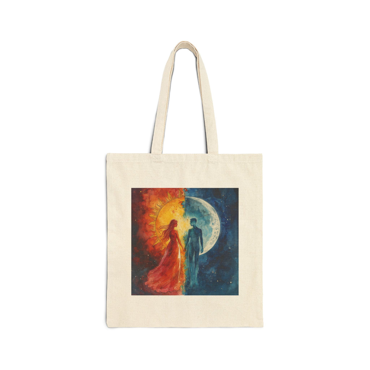 Sun & Moon Lovers Canvas Tote — Romantic Celestial Art Cotton Bag