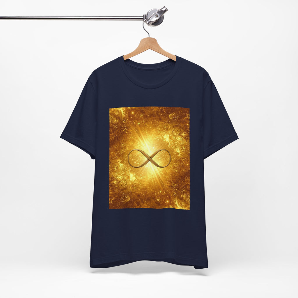 Infinity Symbol Cosmic Tee — Golden Spiritual Graphic T-Shirt