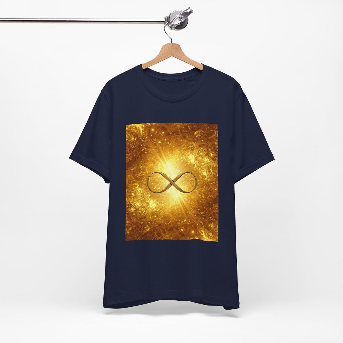 Infinity Symbol Cosmic Tee — Golden Spiritual Graphic T-Shirt