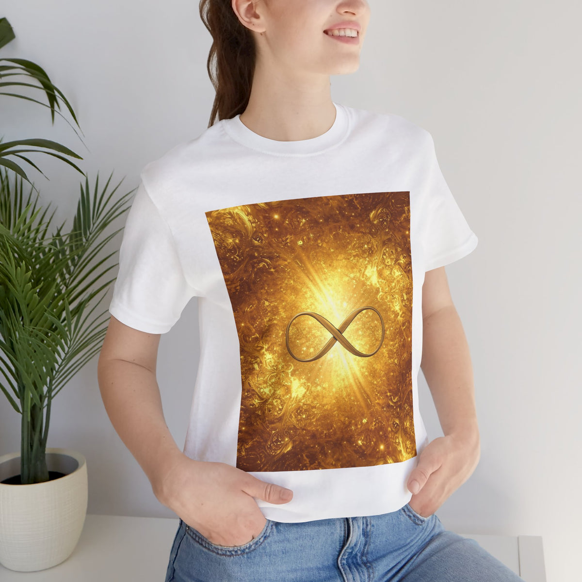 Infinity Symbol Cosmic Tee — Golden Spiritual Graphic T-Shirt