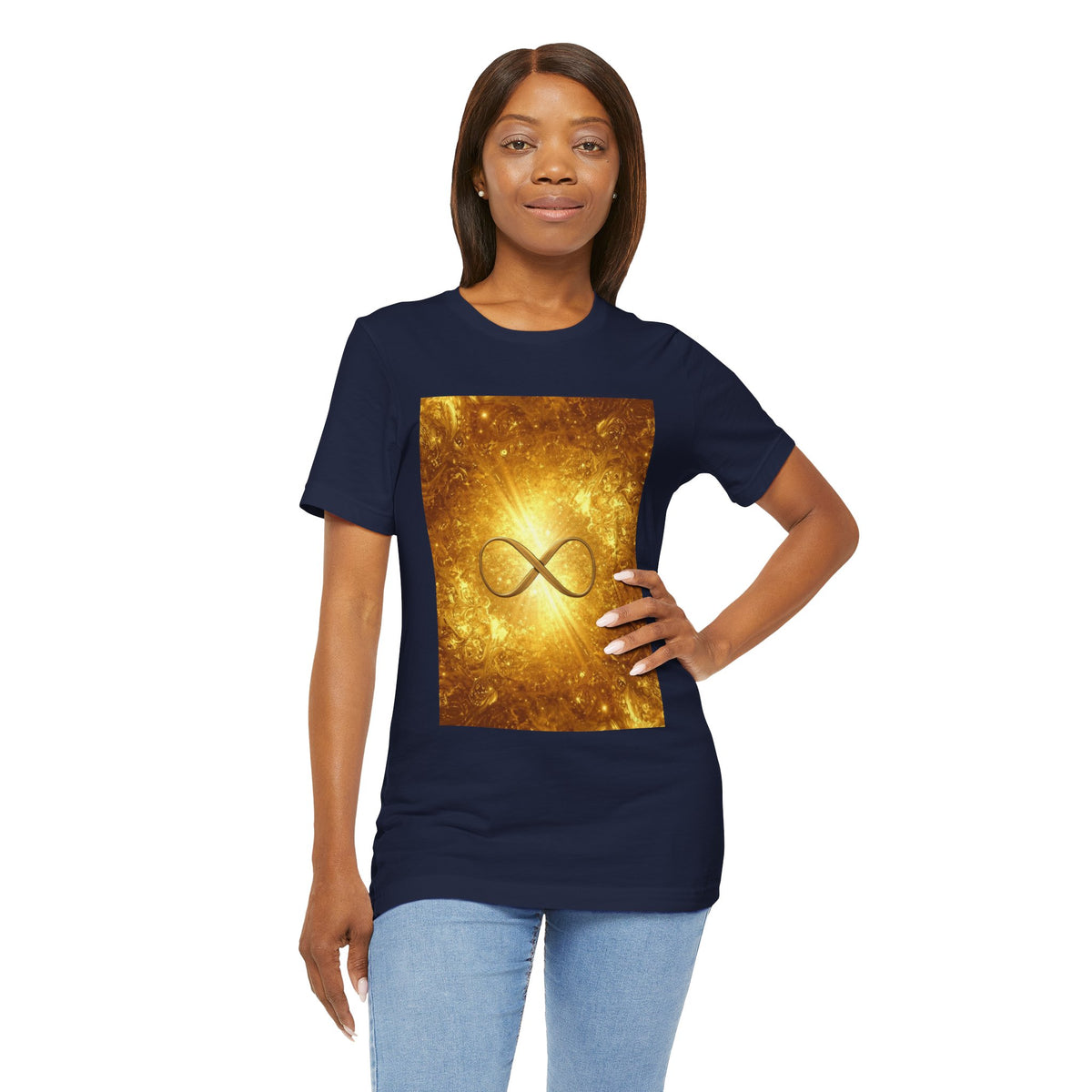 Infinity Symbol Cosmic Tee — Golden Spiritual Graphic T-Shirt
