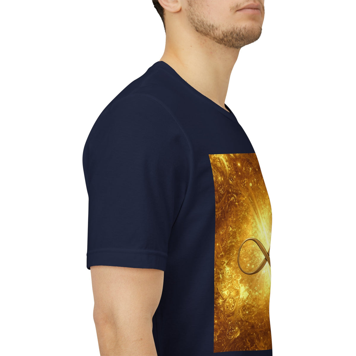 Infinity Symbol Cosmic Tee — Golden Spiritual Graphic T-Shirt