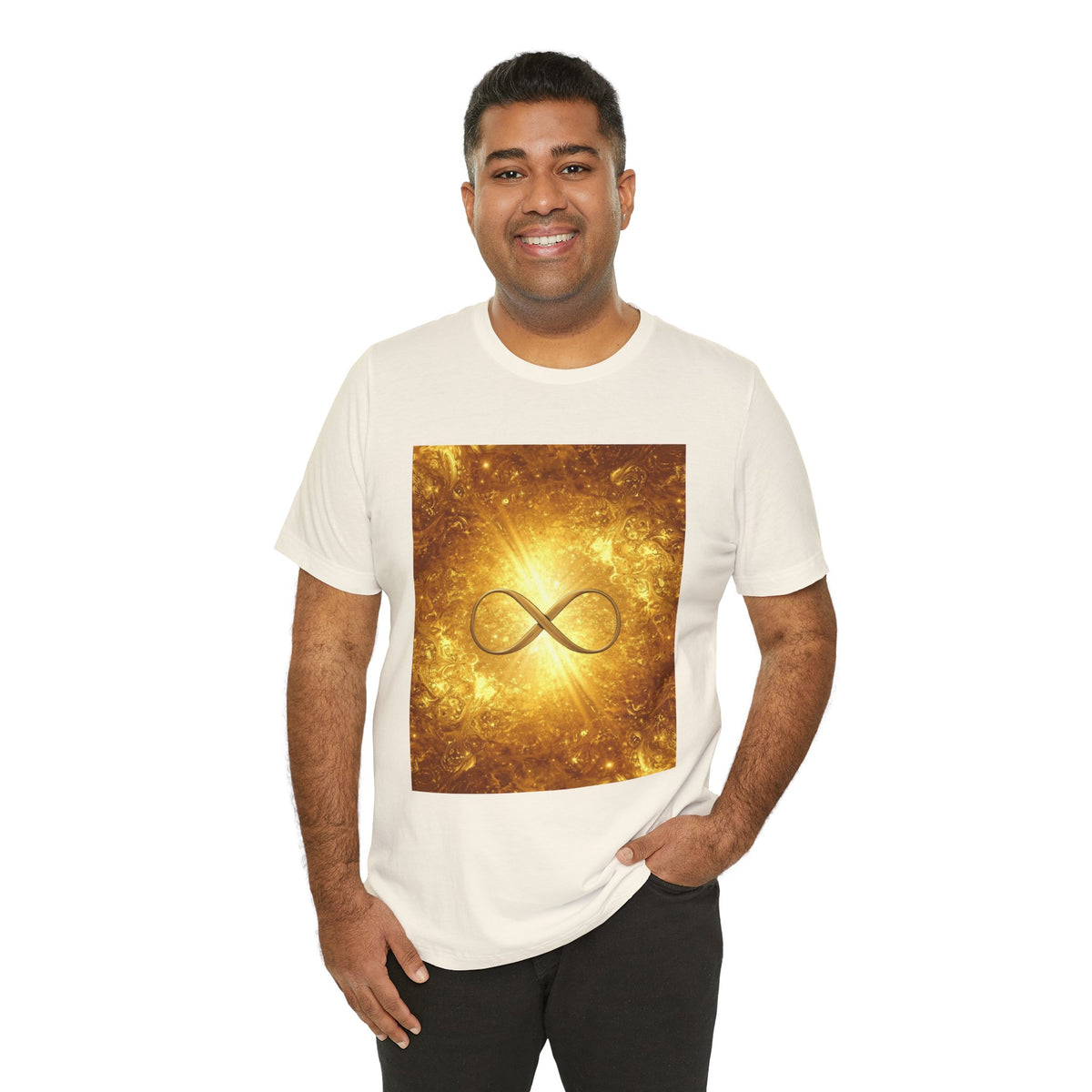 Infinity Symbol Cosmic Tee — Golden Spiritual Graphic T-Shirt