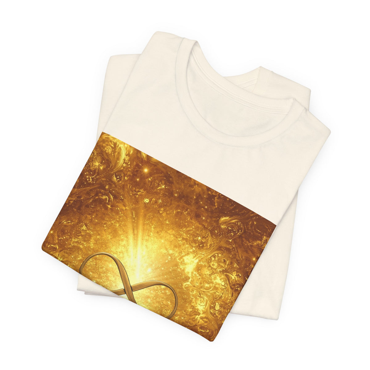 Infinity Symbol Cosmic Tee — Golden Spiritual Graphic T-Shirt