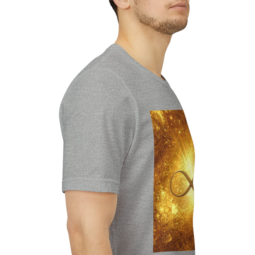 Infinity Symbol Cosmic Tee — Golden Spiritual Graphic T-Shirt