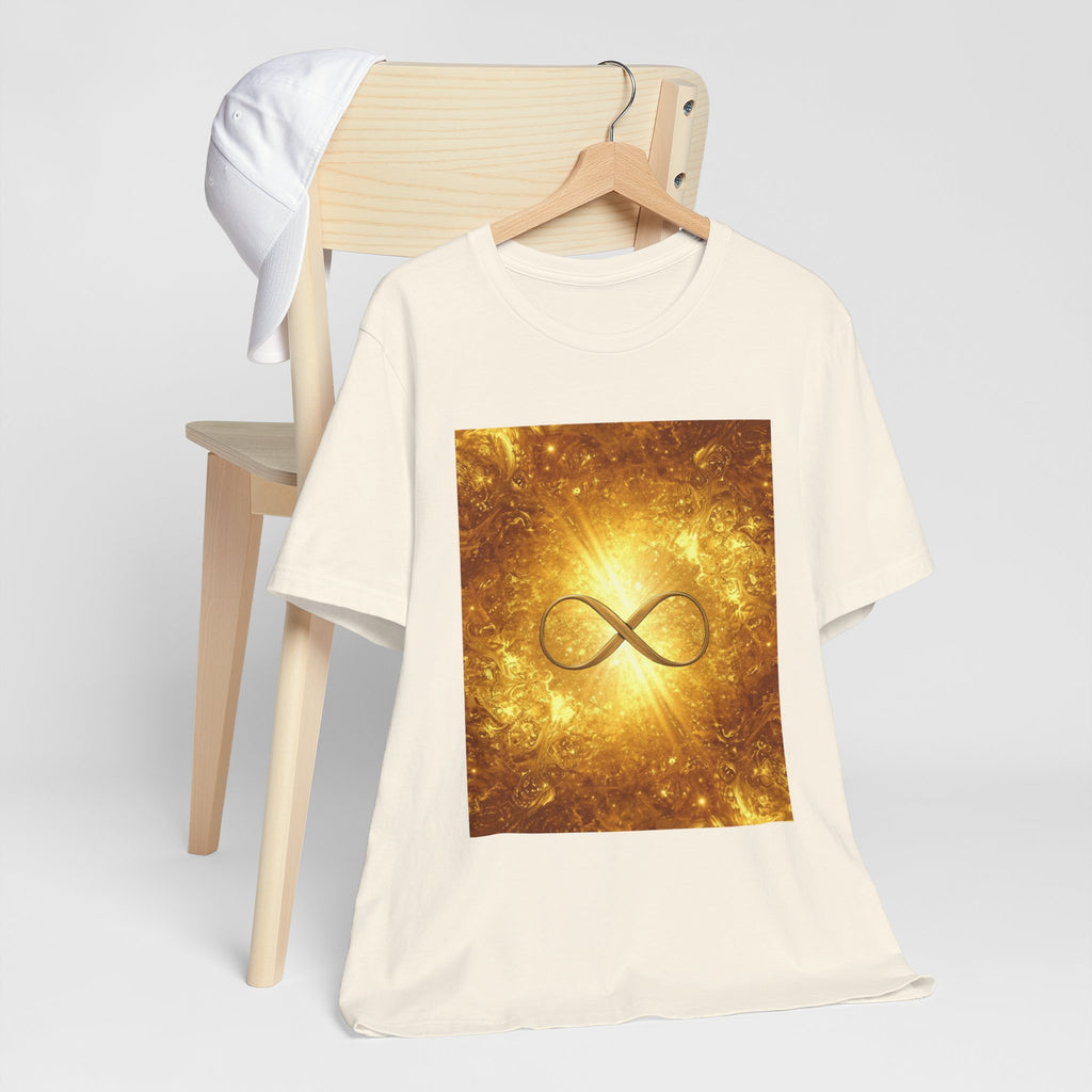 Infinity Symbol Cosmic Tee — Golden Spiritual Graphic T-Shirt