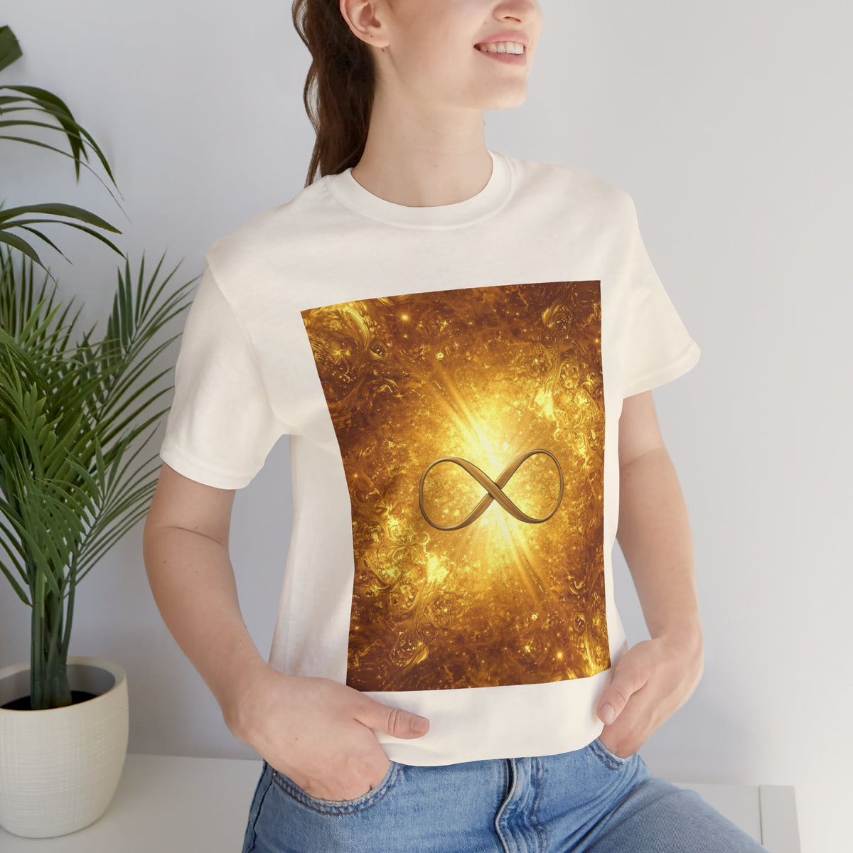 Infinity Symbol Cosmic Tee — Golden Spiritual Graphic T-Shirt