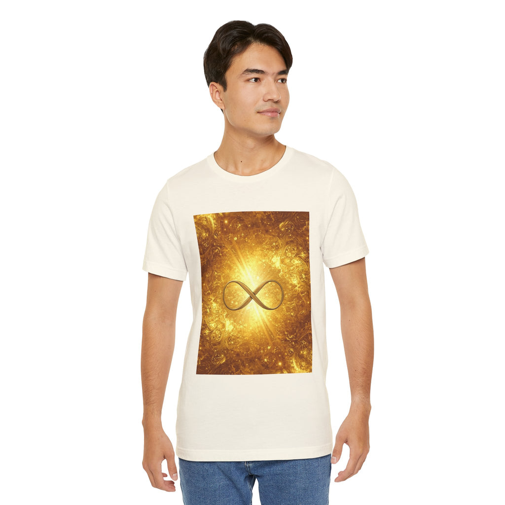 Infinity Symbol Cosmic Tee — Golden Spiritual Graphic T-Shirt