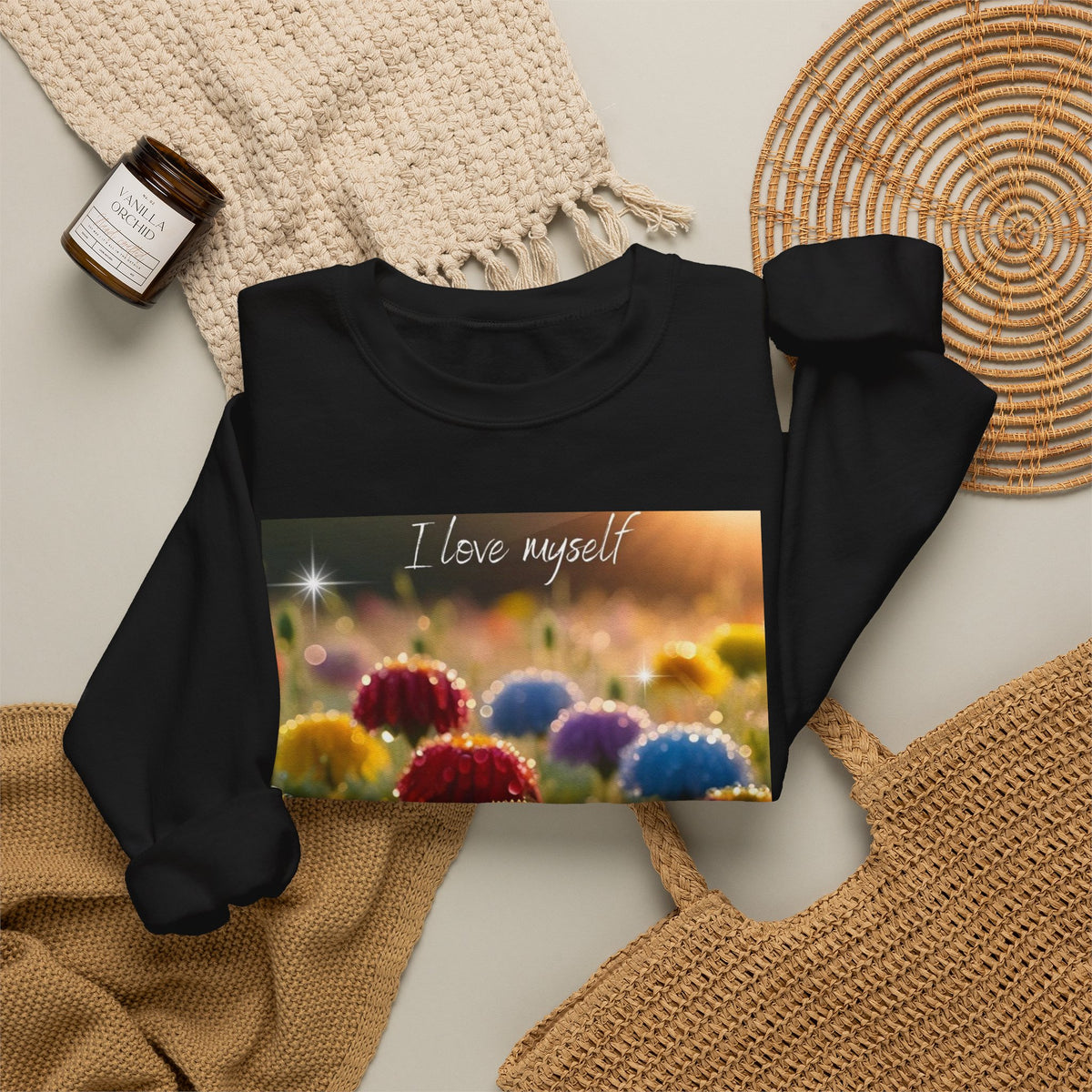 Self-Love Floral Crewneck Sweatshirt — "I love myself" Rainbow Flowers