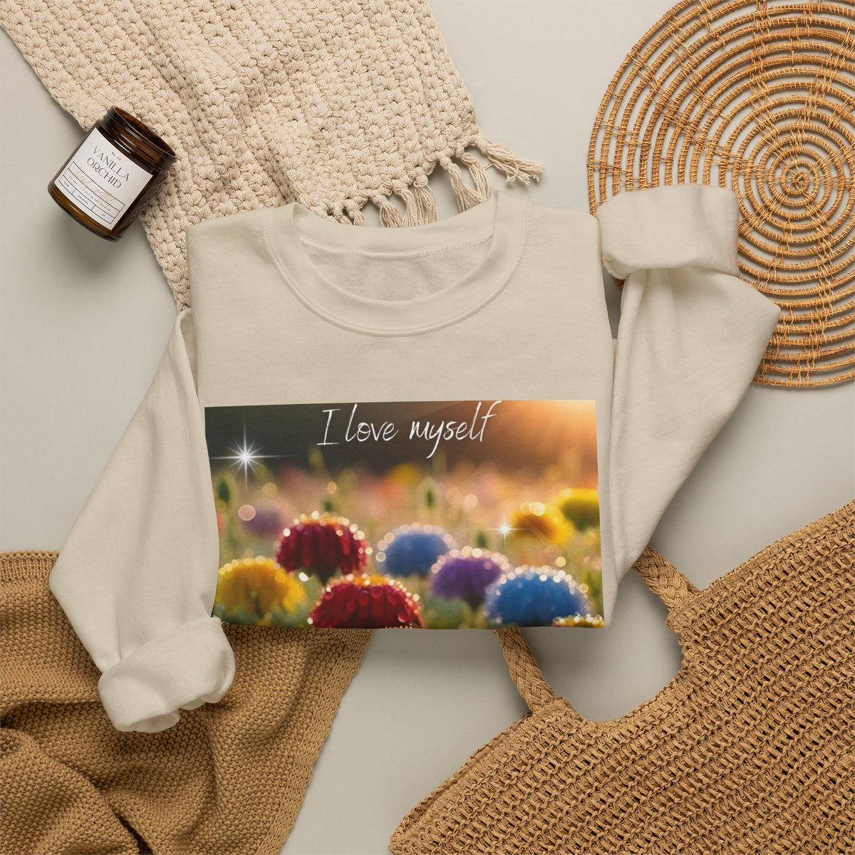 Self-Love Floral Crewneck Sweatshirt — "I love myself" Rainbow Flowers