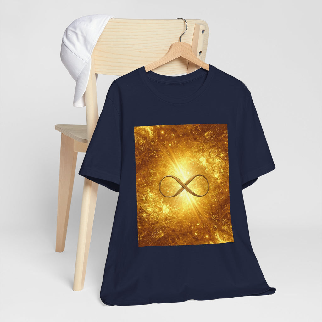 Infinity Symbol Cosmic Tee — Golden Spiritual Graphic T-Shirt
