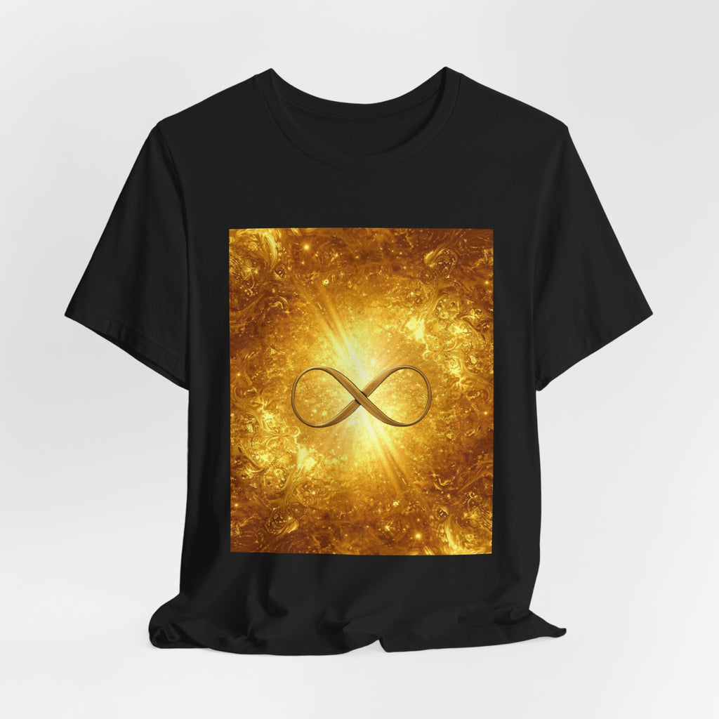Infinity Symbol Cosmic Tee — Golden Spiritual Graphic T-Shirt