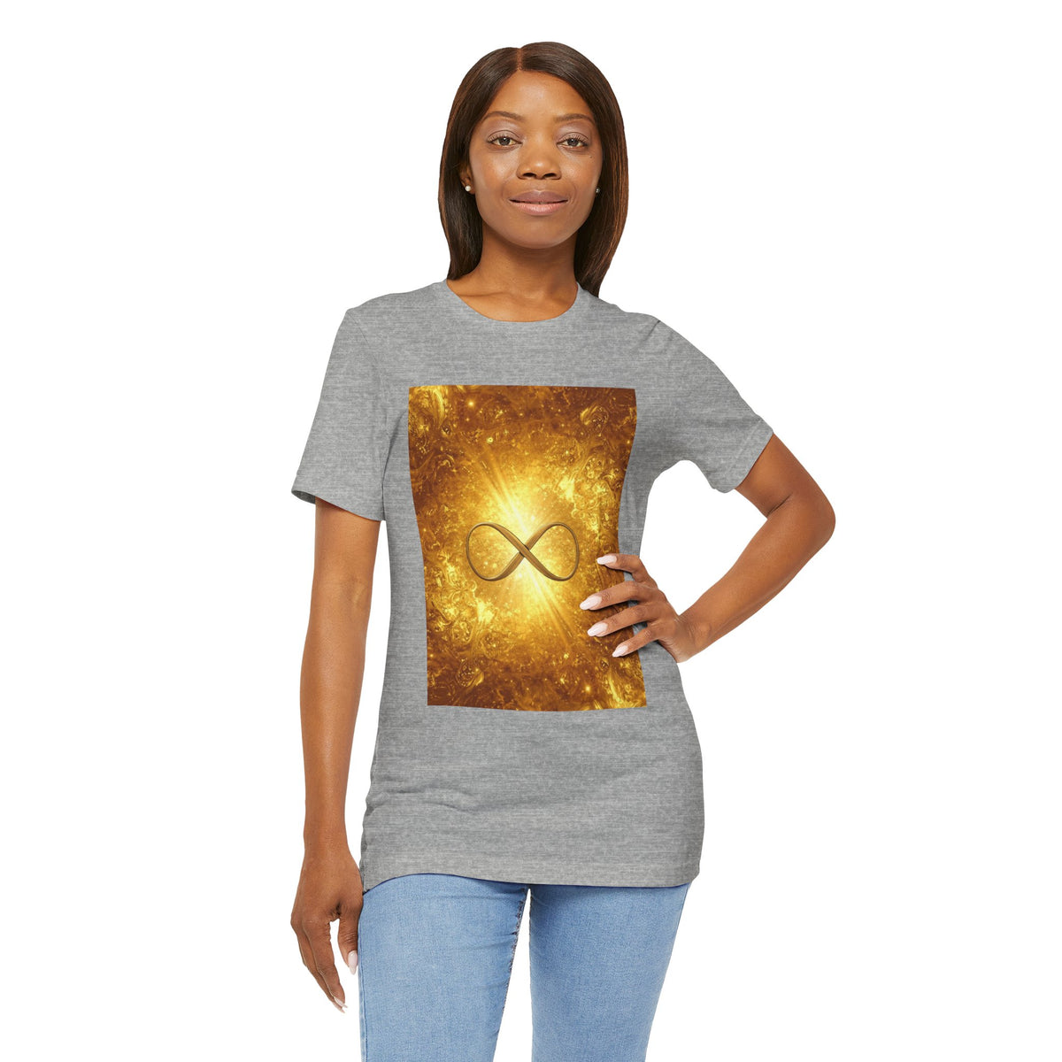 Infinity Symbol Cosmic Tee — Golden Spiritual Graphic T-Shirt