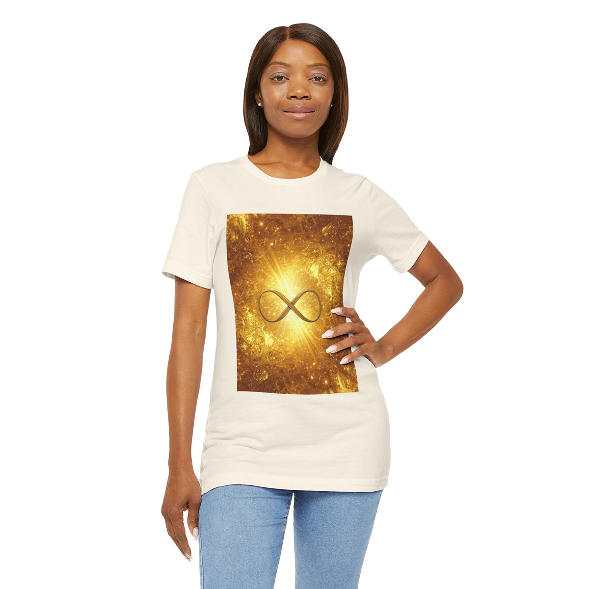 Infinity Symbol Cosmic Tee — Golden Spiritual Graphic T-Shirt