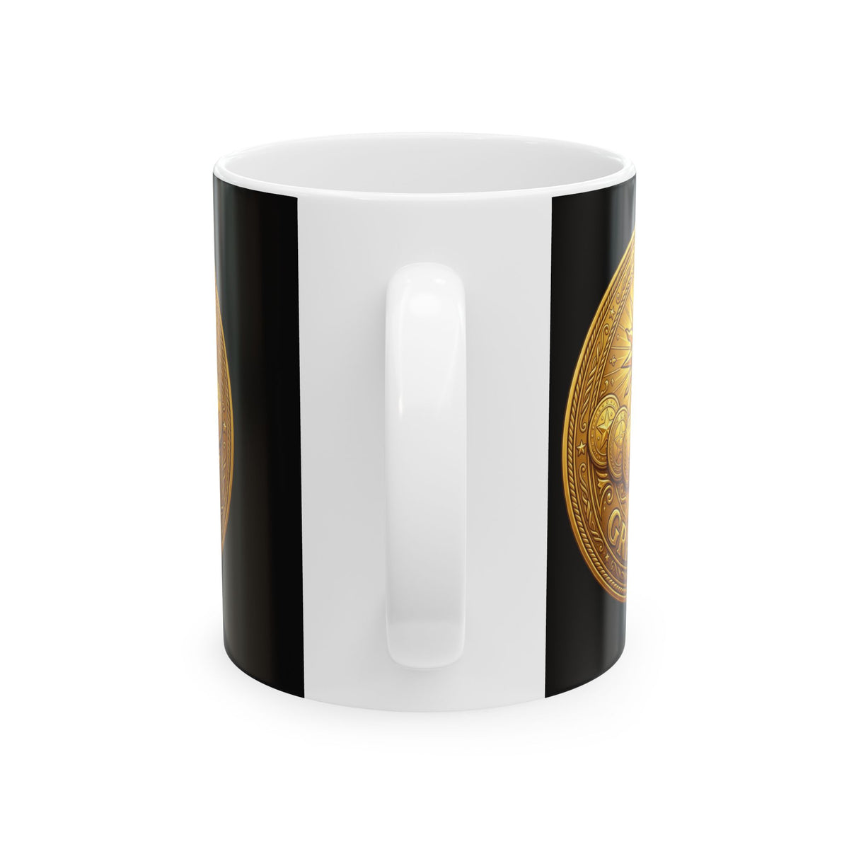 Gold Coin Ceramic Mug – Gratitude Sun Emblem Coffee Cup (11oz & 15oz)