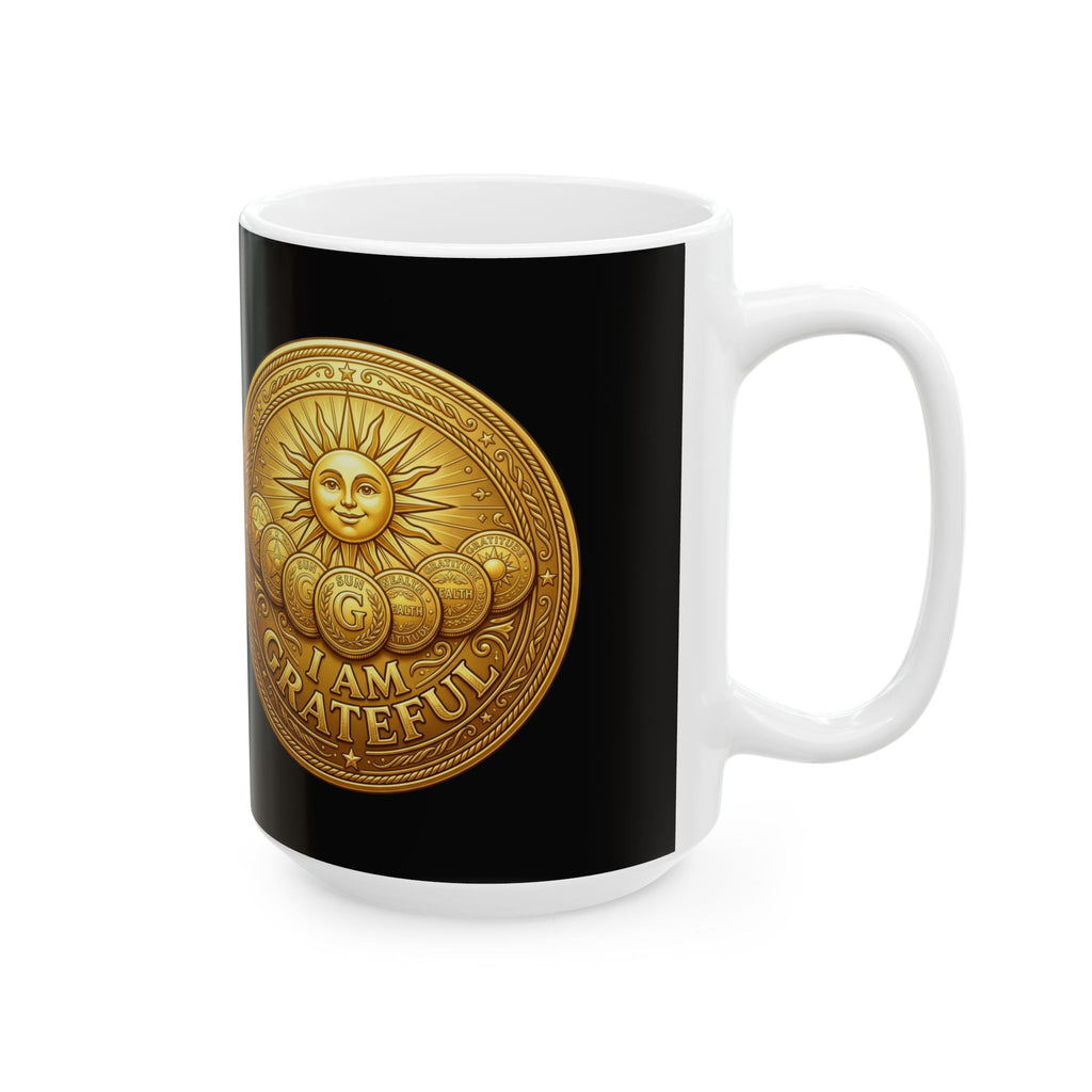 Gold Coin Ceramic Mug – Gratitude Sun Emblem Coffee Cup (11oz & 15oz)