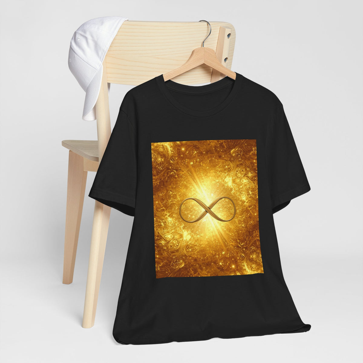 Infinity Symbol Cosmic Tee — Golden Spiritual Graphic T-Shirt