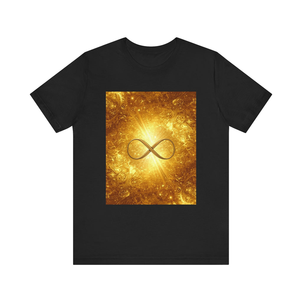 Infinity Symbol Cosmic Tee — Golden Spiritual Graphic T-Shirt