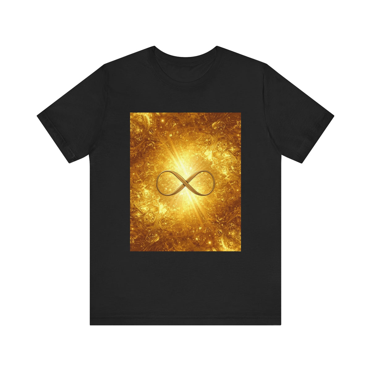 Infinity Symbol Cosmic Tee — Golden Spiritual Graphic T-Shirt