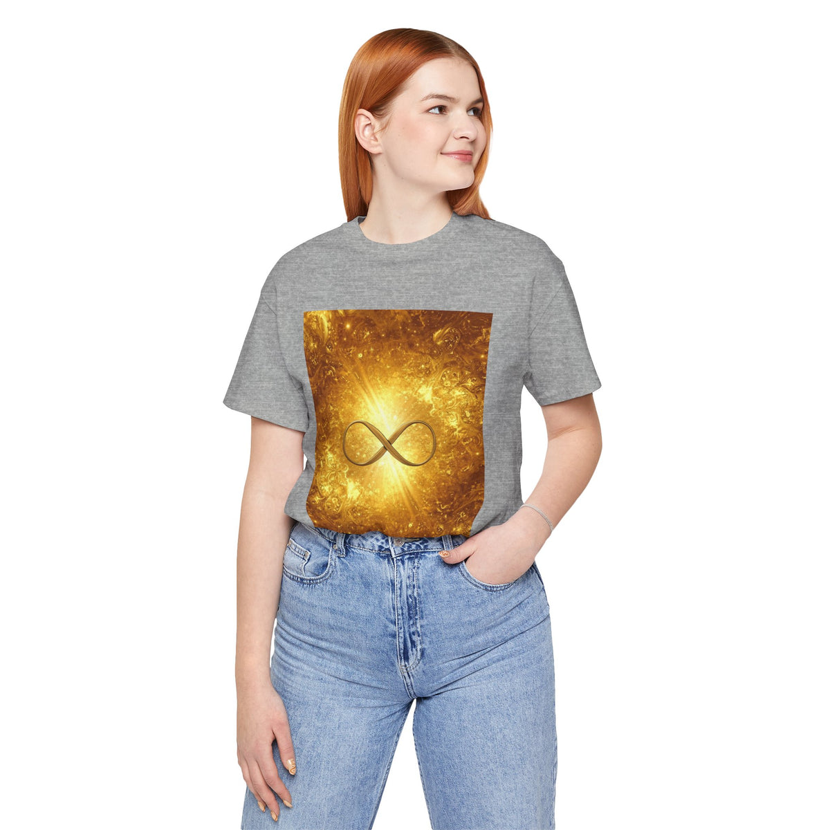 Infinity Symbol Cosmic Tee — Golden Spiritual Graphic T-Shirt