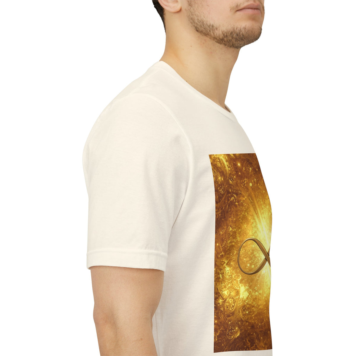 Infinity Symbol Cosmic Tee — Golden Spiritual Graphic T-Shirt