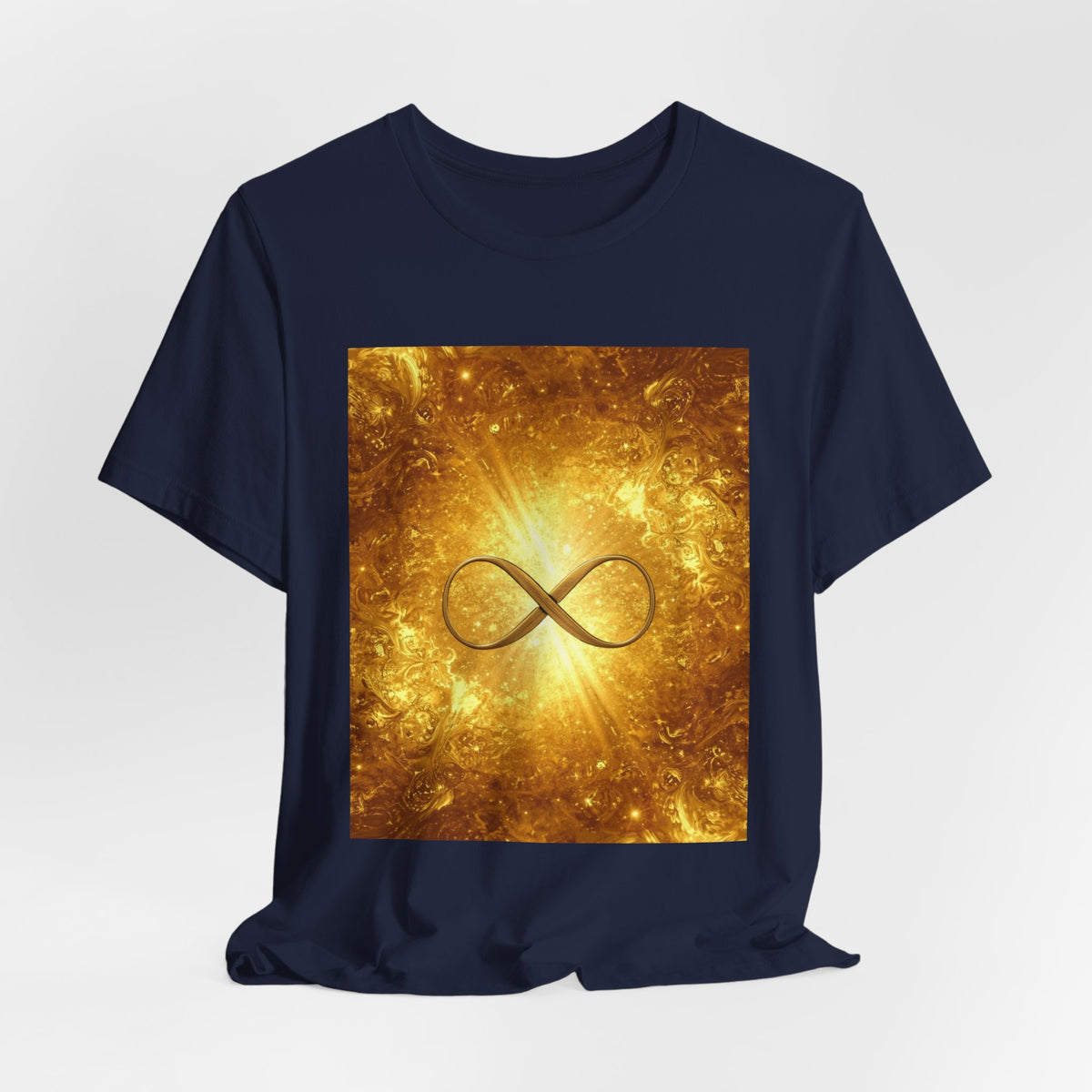 Infinity Symbol Cosmic Tee — Golden Spiritual Graphic T-Shirt