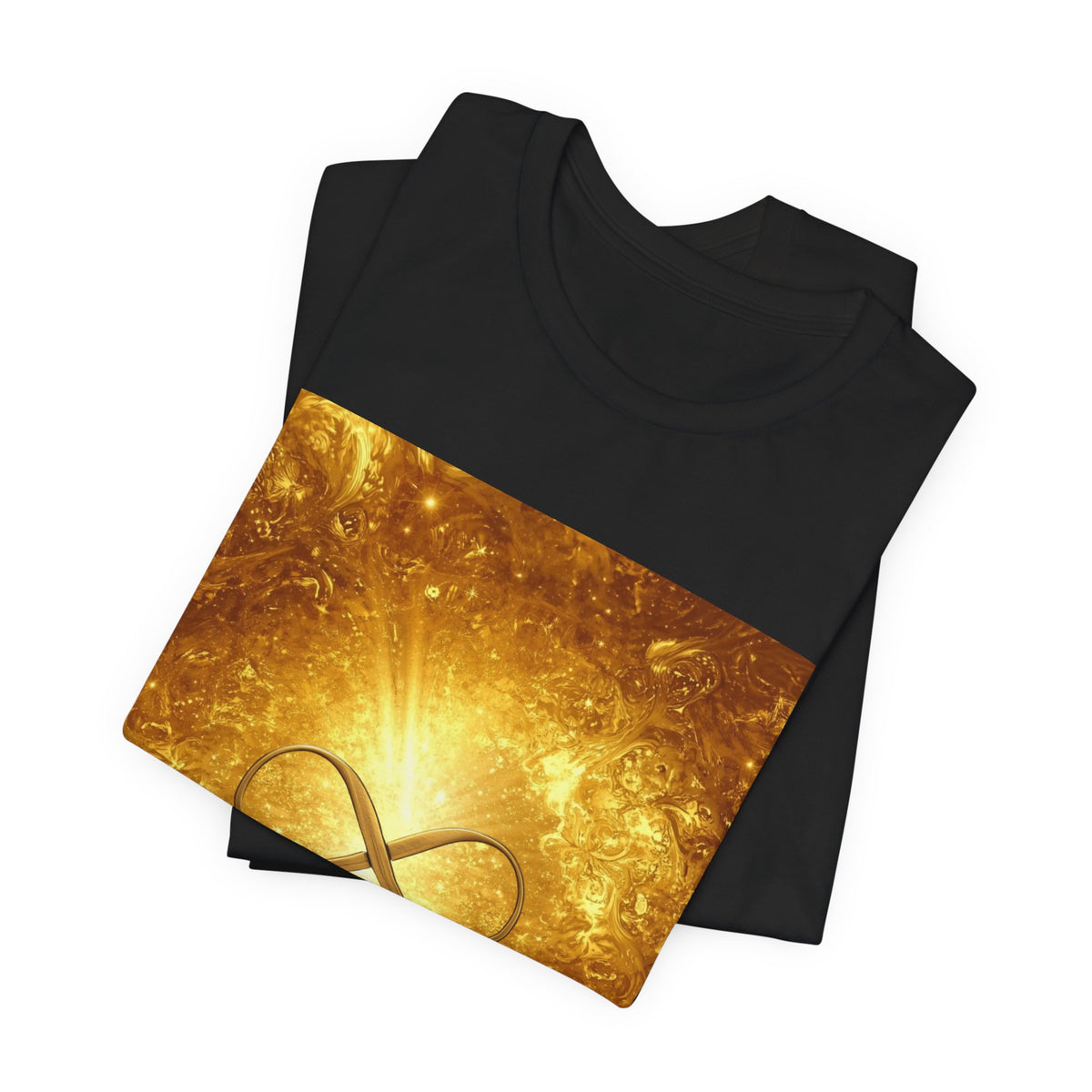 Infinity Symbol Cosmic Tee — Golden Spiritual Graphic T-Shirt