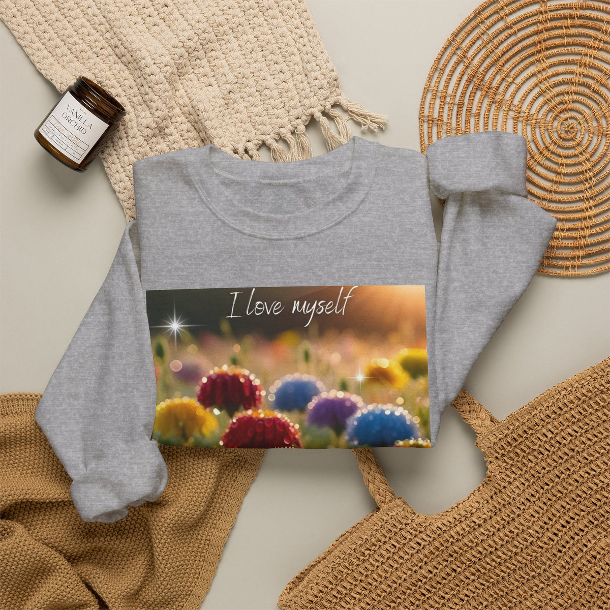 Self-Love Floral Crewneck Sweatshirt — "I love myself" Rainbow Flowers