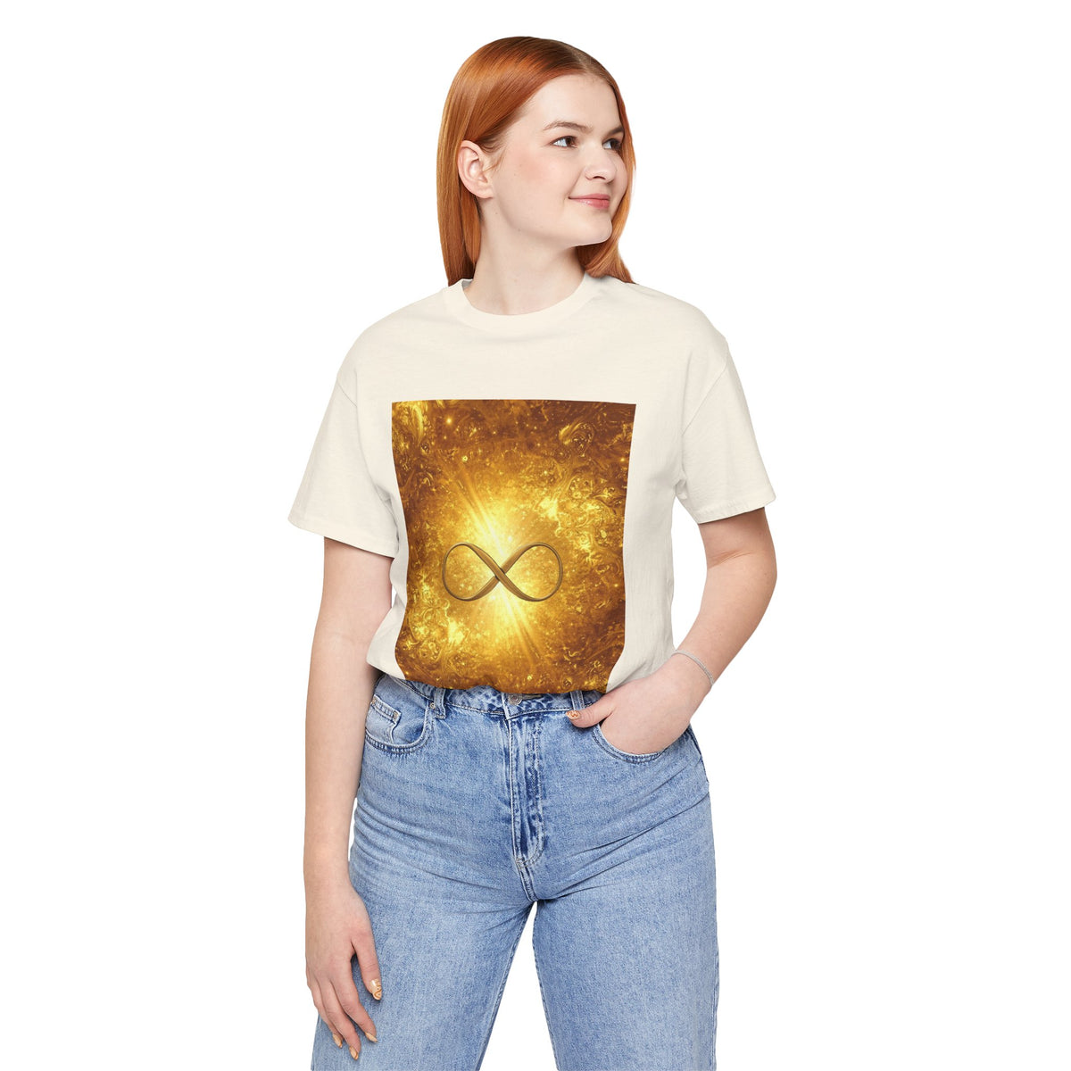Infinity Symbol Cosmic Tee — Golden Spiritual Graphic T-Shirt