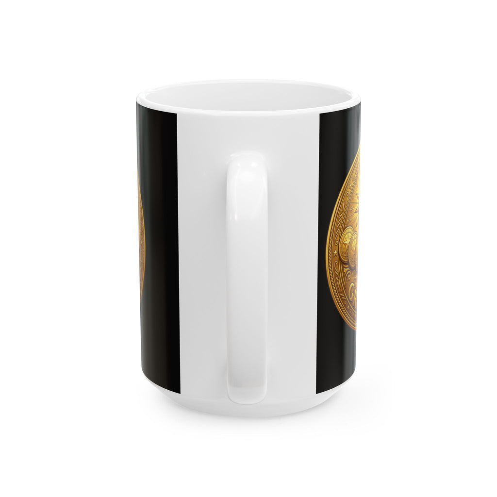Gold Coin Ceramic Mug – Gratitude Sun Emblem Coffee Cup (11oz & 15oz)