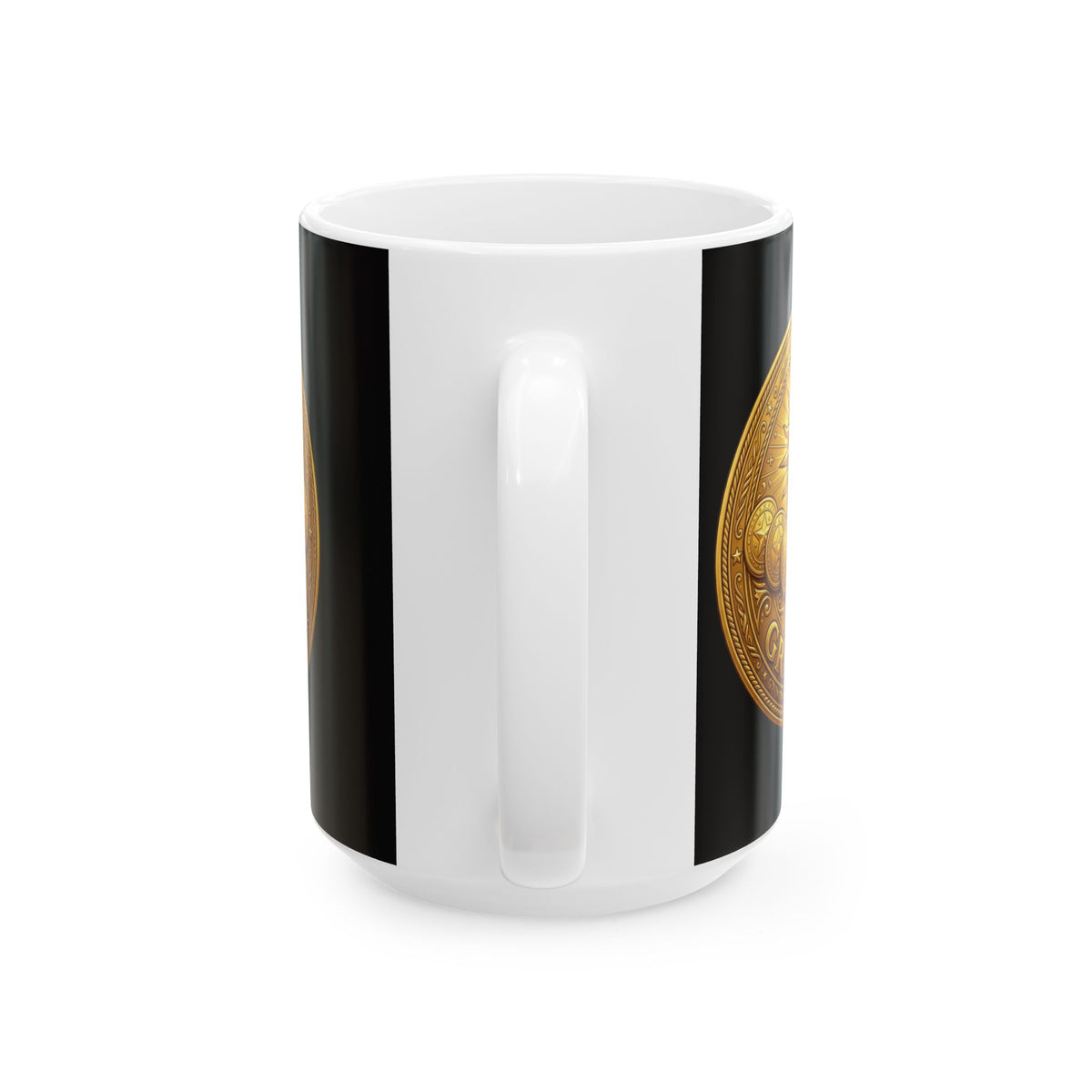 Gold Coin Ceramic Mug – Gratitude Sun Emblem Coffee Cup (11oz & 15oz)
