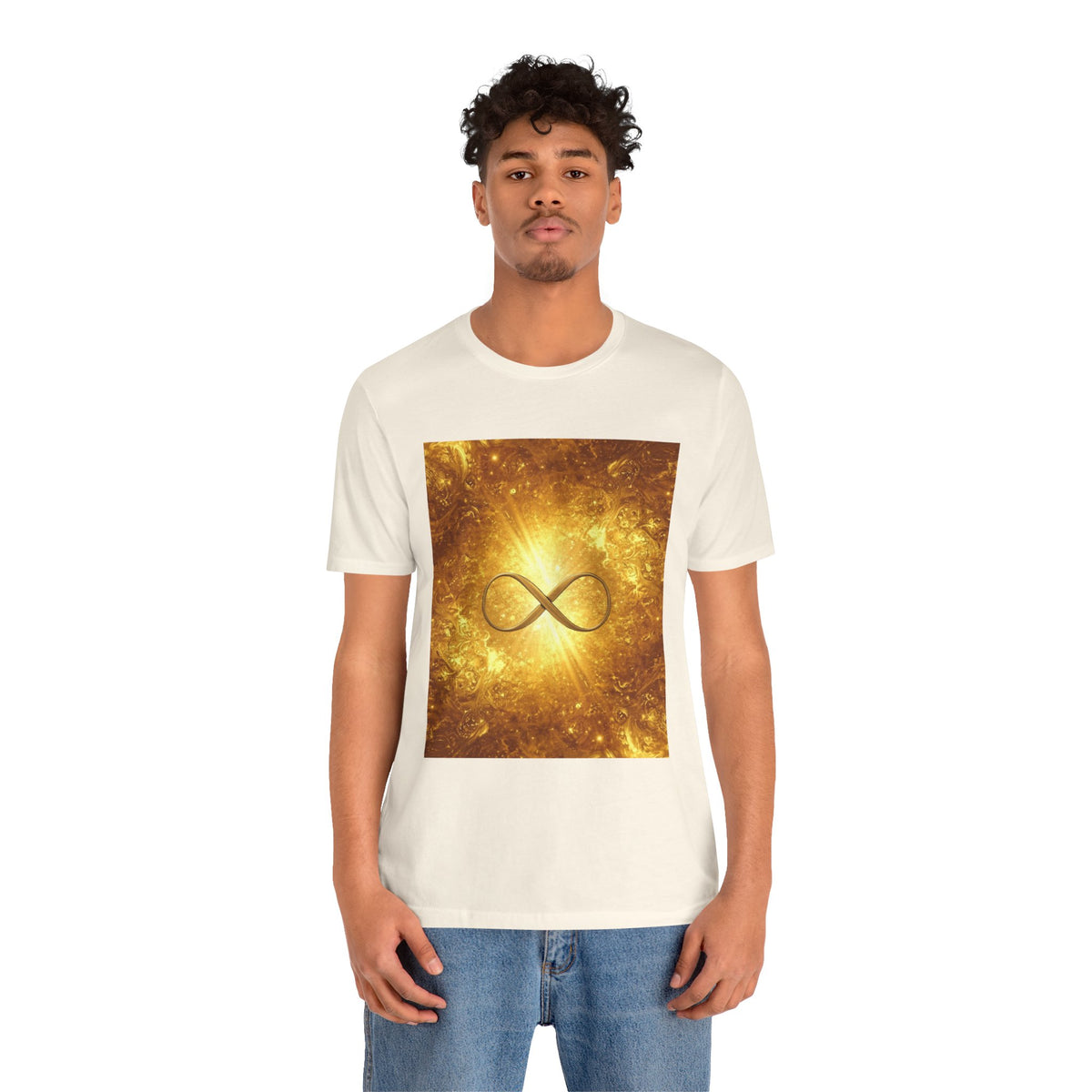 Infinity Symbol Cosmic Tee — Golden Spiritual Graphic T-Shirt