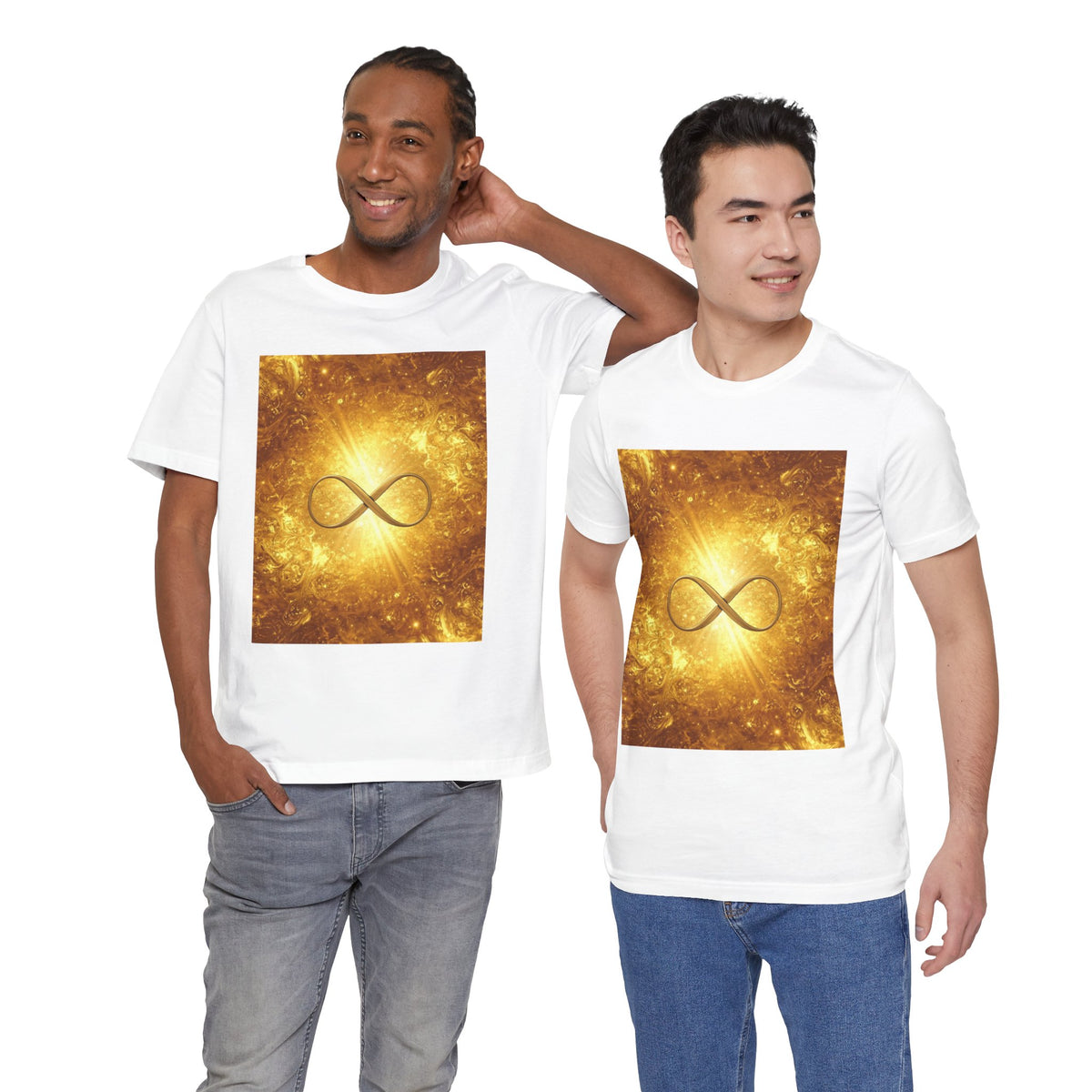 Infinity Symbol Cosmic Tee — Golden Spiritual Graphic T-Shirt