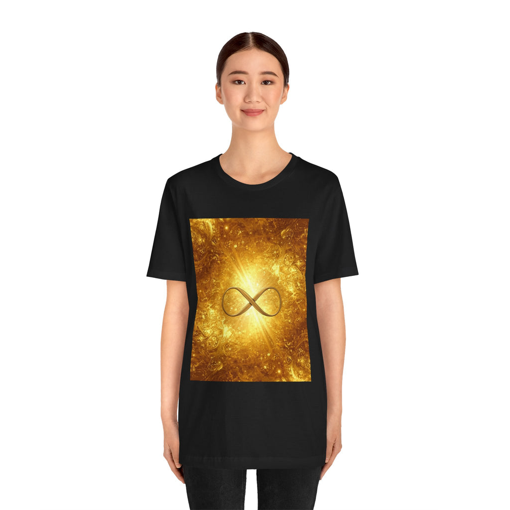 Infinity Symbol Cosmic Tee — Golden Spiritual Graphic T-Shirt