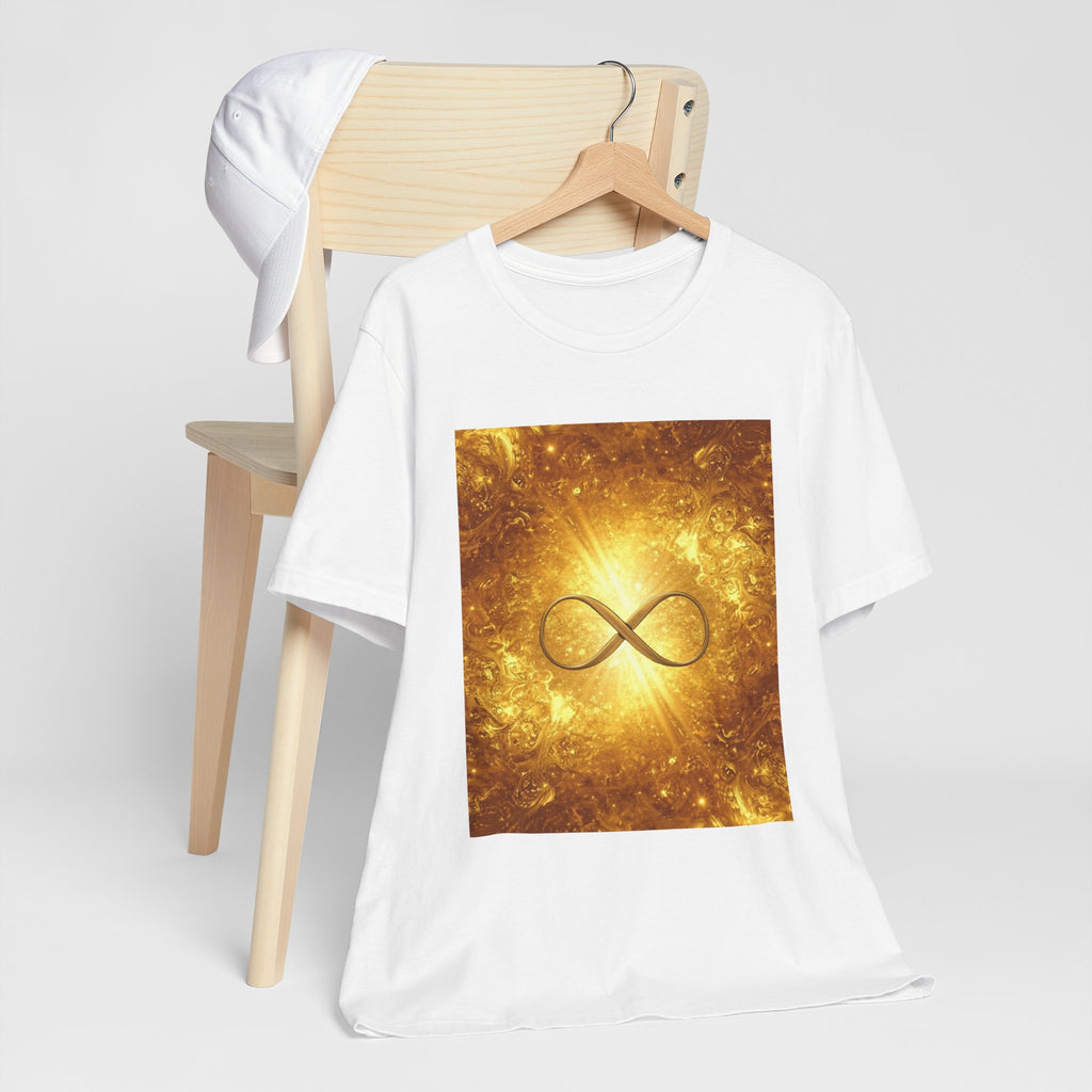 Infinity Symbol Cosmic Tee — Golden Spiritual Graphic T-Shirt