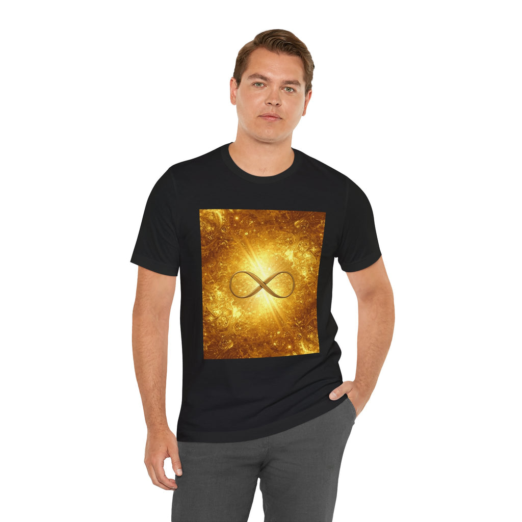 Infinity Symbol Cosmic Tee — Golden Spiritual Graphic T-Shirt