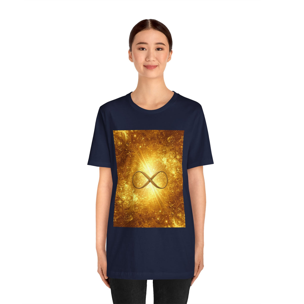 Infinity Symbol Cosmic Tee — Golden Spiritual Graphic T-Shirt