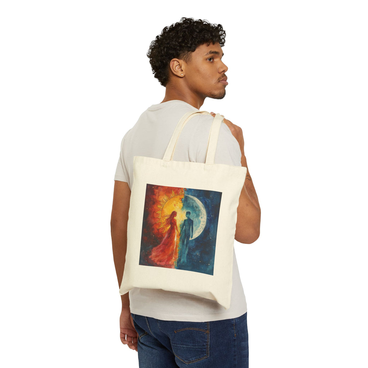 Sun & Moon Lovers Canvas Tote — Romantic Celestial Art Cotton Bag