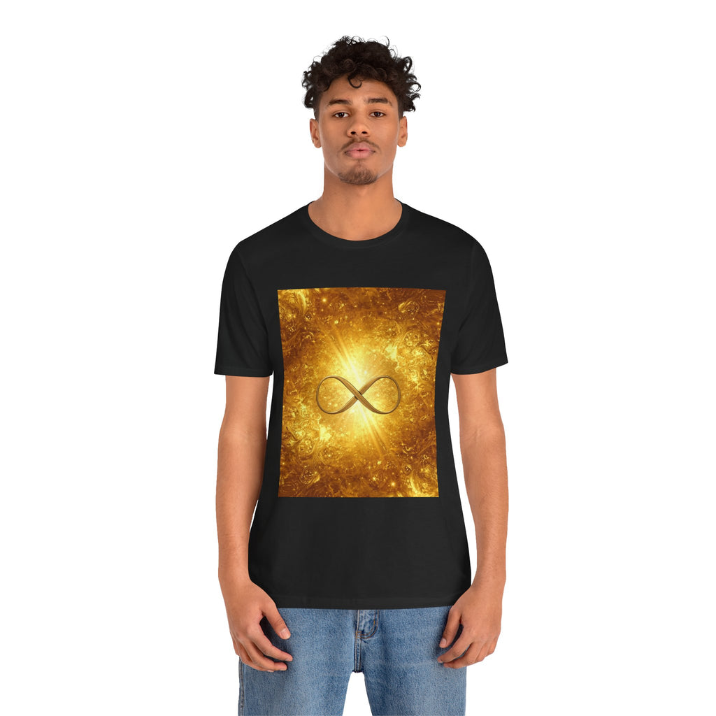 Infinity Symbol Cosmic Tee — Golden Spiritual Graphic T-Shirt